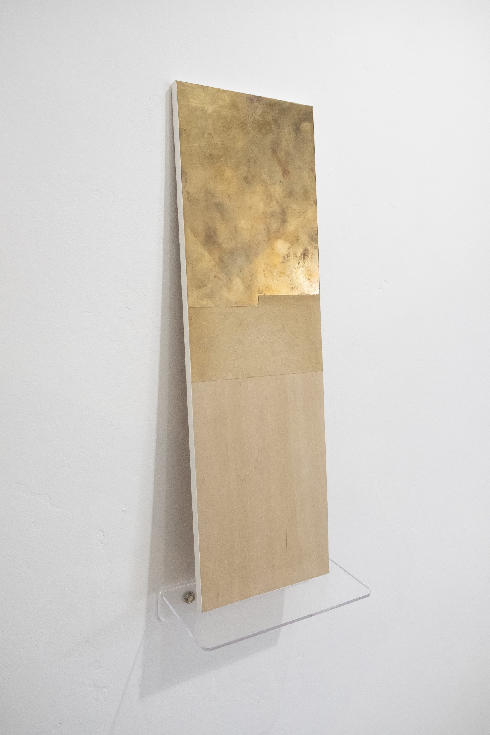 'Sentry Reflecting' . Brass, veneer, aged vinyl, paper on panel . 50 × 15.5 cm.